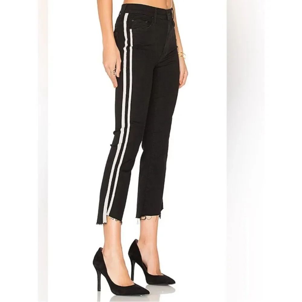 MOTHER Black Insider Crop Step Fray Jeans with Cream Side Stripes Size 25